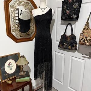 Vintage Y2K Cache Black Floral Beaded Mesh One Shoulder Asmmetrical Fairy Dress
